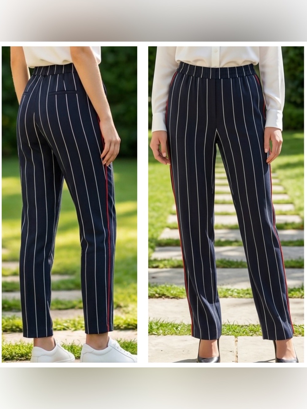 ETT:TWA Anthropologie women’s Sz S pull on striped split ankle pants red piping